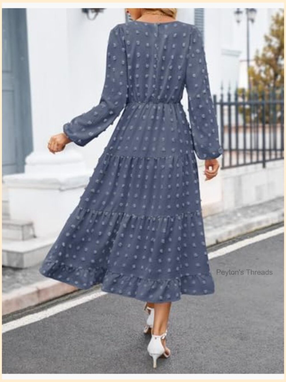 Long Sleeve Swiss Dot Tiered Flowy A-Line Maxi Dress - Picture 4 of 7